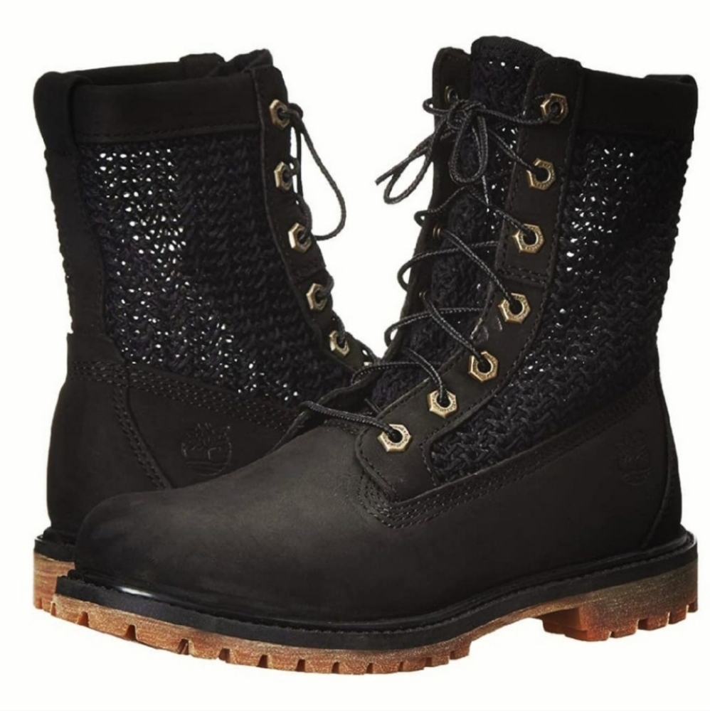 Timberland Womens Black Open Weave Leather Boots 8